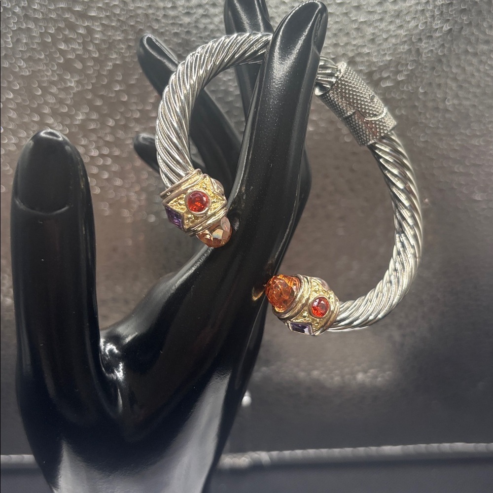 Silver and Gold Cable Bracelet with Gem Accents
